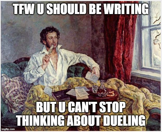 SRSUIUC's tweet photo. Did you know that Aleksandr Pushkin summoned opponents, or was summoned to, a duel over 25 times in his life. Read about the fascinating reasons behind each here: https://t.co/WVKOs9FxZy #Pushkin220 https://t.co/Nr5uDxNDMk