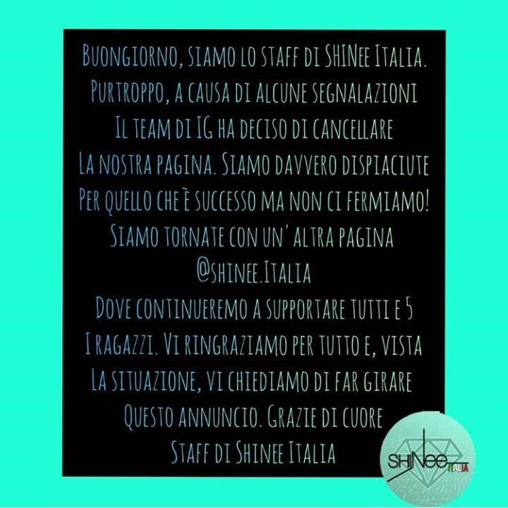 multifamilyita's tweet photo. Family!
Purtroppo รจ successa la cosa peggiore per ogni admin...la pagina di shineeitalia รจ stata eliminata!
Aiutiamo le nostre admin a riprendersi e sosteniamole nel loro cammino!
Trovate la nuova page Instagram come: shinee.italia !
#multifamilyproject #weallshouldbeone #SHINee https://t.co/Wf9d8haiFP