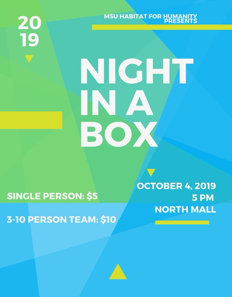 Head down to the North Mall tonight for Habitat for Humanity's "Night in a Box" fort building competition! Bring $5 and your friends for a night of fun! Money will be donated for a family in need. <a href="/MSU_PSU/">Plaster Student Union</a> <a href="/MissouriState/">Missouri State</a>