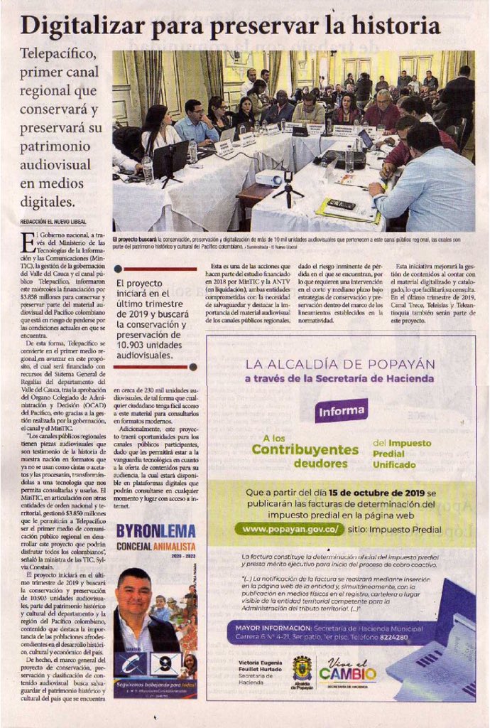 “<a href="/TelepacificoTV/">Telepacífico</a> primer canal regional que conservará y preservará su patrimonio audiovisual en medios digitales”: <a href="/elnuevoliberal/">El Nuevo Liberal</a>, éste fue uno de los  12 proyectos aprobados en #OCADPacífico por mas de $100 mil millones para #Cauca #Nariño y #Valle del Cauca <a href="/Regalias_gov/">Regalias_gov</a>
