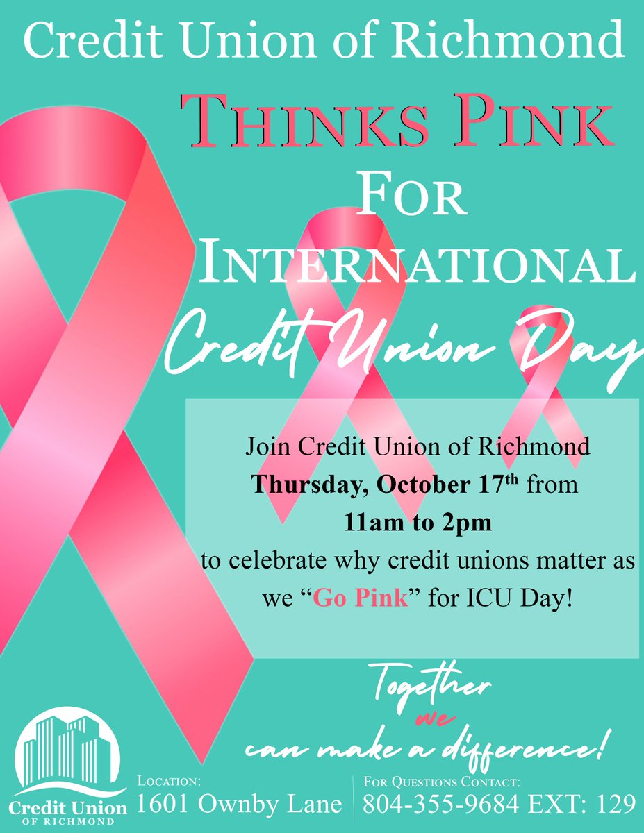 cuofrichmond's tweet image. International Credit Union Day is a moment to share and celebrate with our members on why credit unions matter! Join us Thursday, October 17th from 11am to 2pm as we GO PINK for #ICUDay! Refreshments will be provided.  #cudifference #cucommunity  #BreastCancerAwarenessMonth