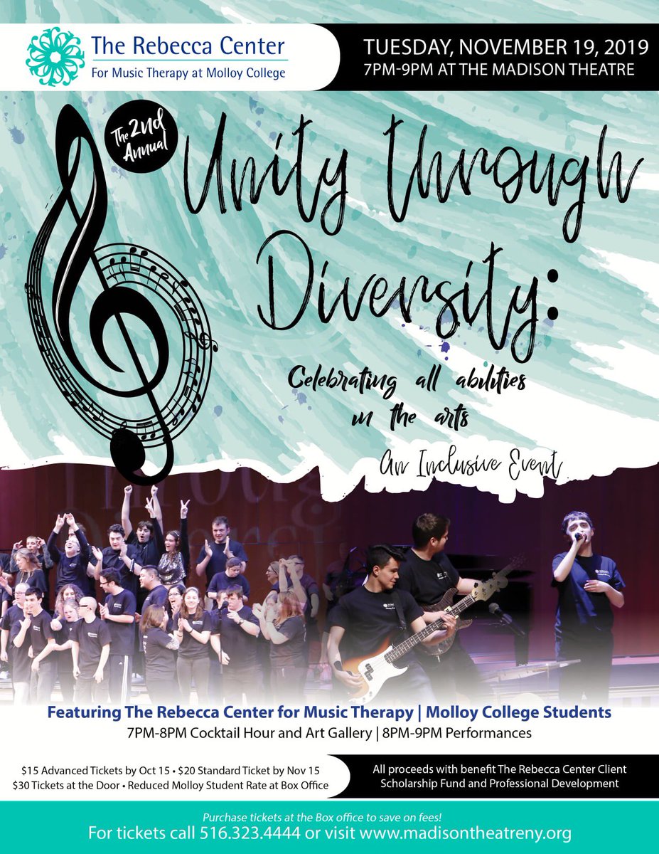 DrJohnMTBC's tweet photo. Join us @Rebecca_Center for our annual Unity in Diversity concert! A concert by and for people with ALL ABILITIES... get tix now! https://t.co/0VRt7ERqvf @MolloyCollege @MCPreCollege @MusicMolloy @malonechris @MolloyLife @audrey_cohan https://t.co/2QzeY0f32o