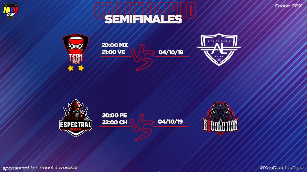 miv_cup's tweet photo. #SEMISFINALES
Estos 4 Equipos Están a solo un paso de la Gran Final!
@prepa4joju vs @ArmyLegendaryGG
@EspectralRev_GG vs @R3VOLUTION_GG
Quienes lo Conseguirán??
#MasQueUnaCopa https://t.co/e2rWpxwbEw
