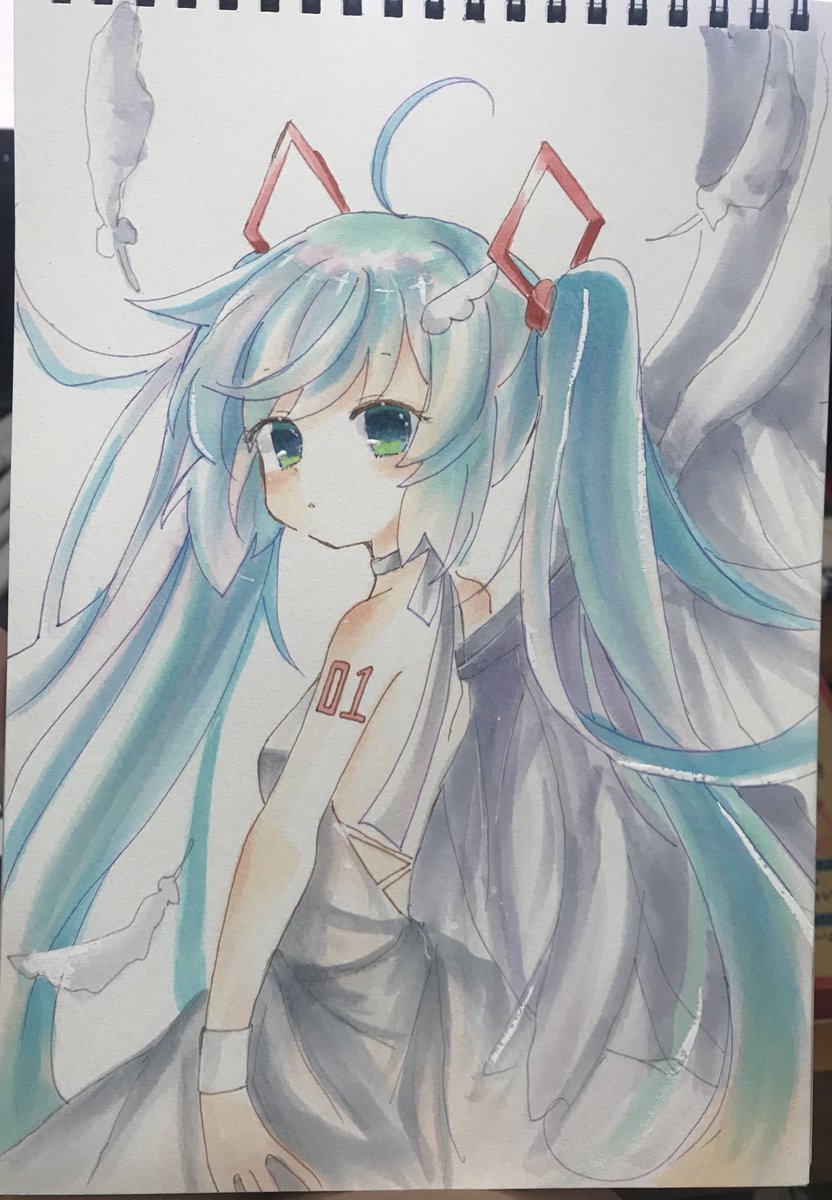 初音ミク「天使の日なのでミクさん
#初音ミク
#天使の日 
#コピック 」|縞城依月＠超ﾎﾞﾏｽ1日目E01.02⇒ｺﾄﾌｪｽのイラスト