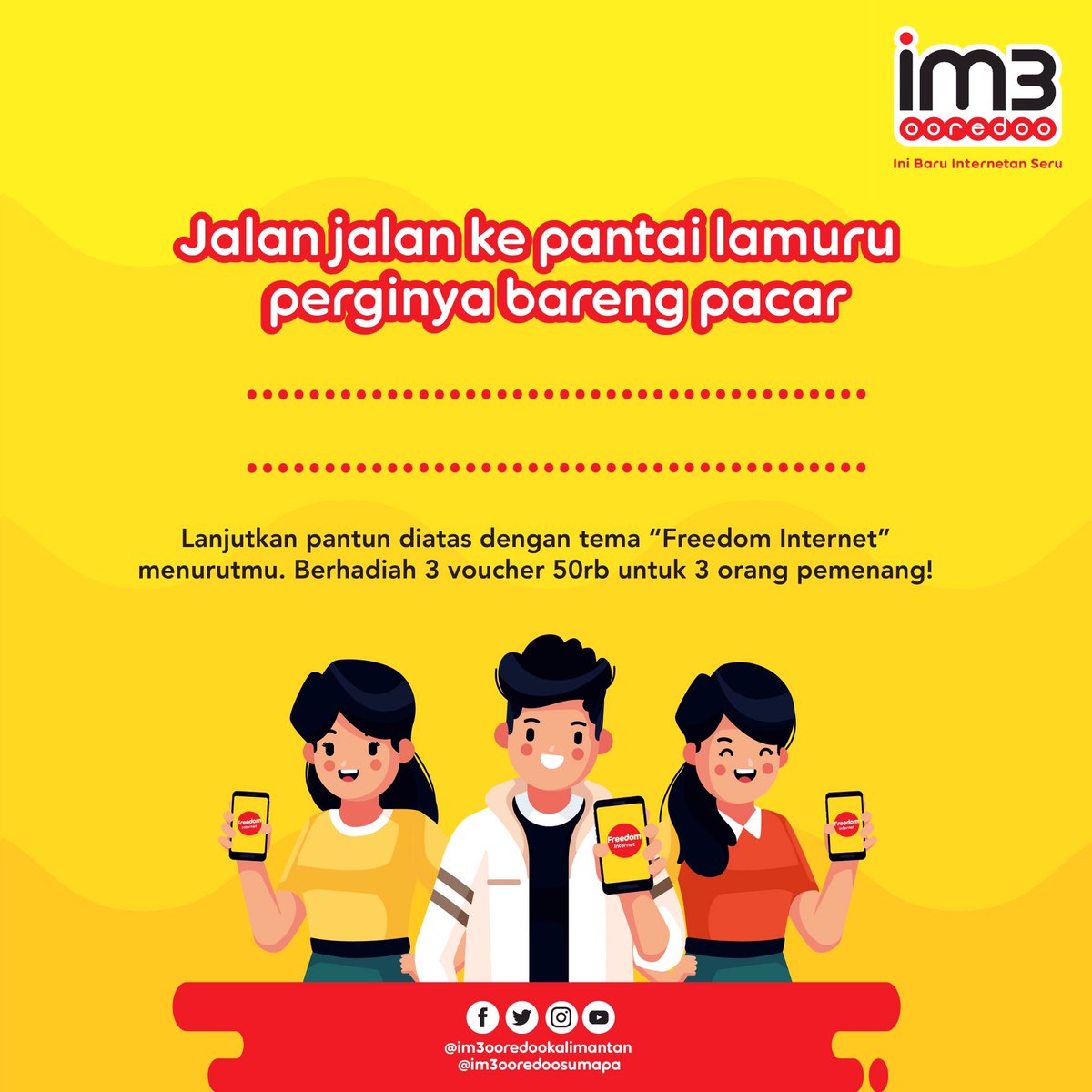 Waktunya kuis! Lanjutkan penggalan pantun ini dengan tema “Freedom Internet” sekreatif mungkin. Tulis jawabanmu dikolom komentar dan dapatkan hadiah pulsa 50k untuk 3 orang pemenang yang beruntung! Jangan lupa follow juga yaa🙌🏻