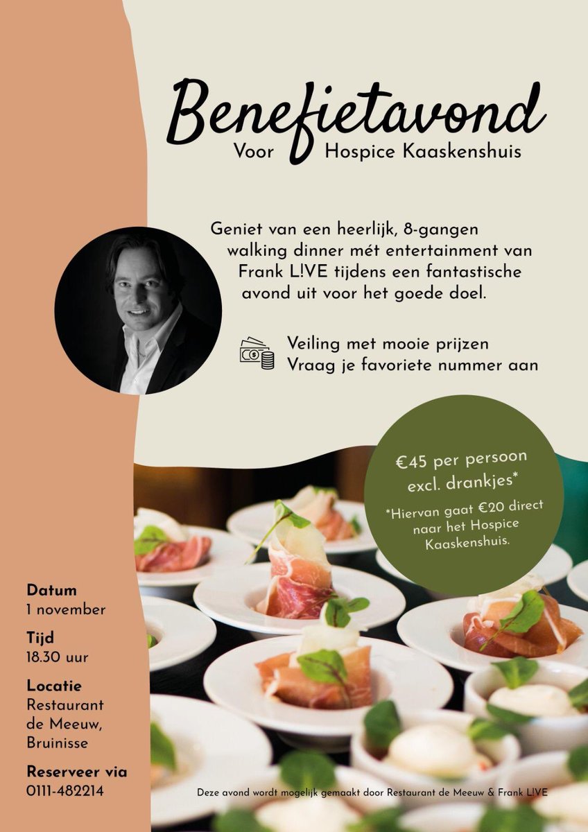 Voor het Hospice Kaaskenshuis organiseren we op 1 november een benefietavond <a href="/DeMeeuwBru/">Restaurant De Meeuw</a> Ik heb van dichtbij meegemaakt hoe belangrijk het hospice is. Naast alle mensen die zich vrijwillig inzetten is er natuurlijk ook geld nodig. Dus reserveer nu snel 😀 DELEN BEREIKT VELEN!