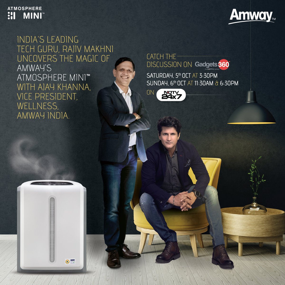 India’s leading tech guru, <a href="/RajivMakhni/">Rajiv Makhni</a> uncovers the magic of #Amway’s Atmosphere Mini™ with Ajay Khanna, Vice President, Wellness, #AmwayIndia. Catch the discussion on Gadget 360, Saturday, 5th October at 3.30 PM &amp; Sunday, 6th October at 11.30 AM &amp; 6.30 PM on NDTV 24x7.
