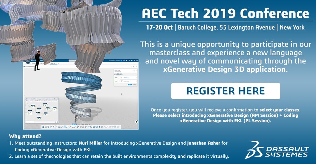 SocialAEC's tweet photo. Join us in 12 days at #AECTech2019 taking place on the campus of @BaruchCollege by signing up for our #xGenerativeDesign Masterclasses taught by Nuri Miller & Jonathan Asher. Experience a no code only coding platform approach to the built environment as product. https://t.co/89m6nFP7Ch