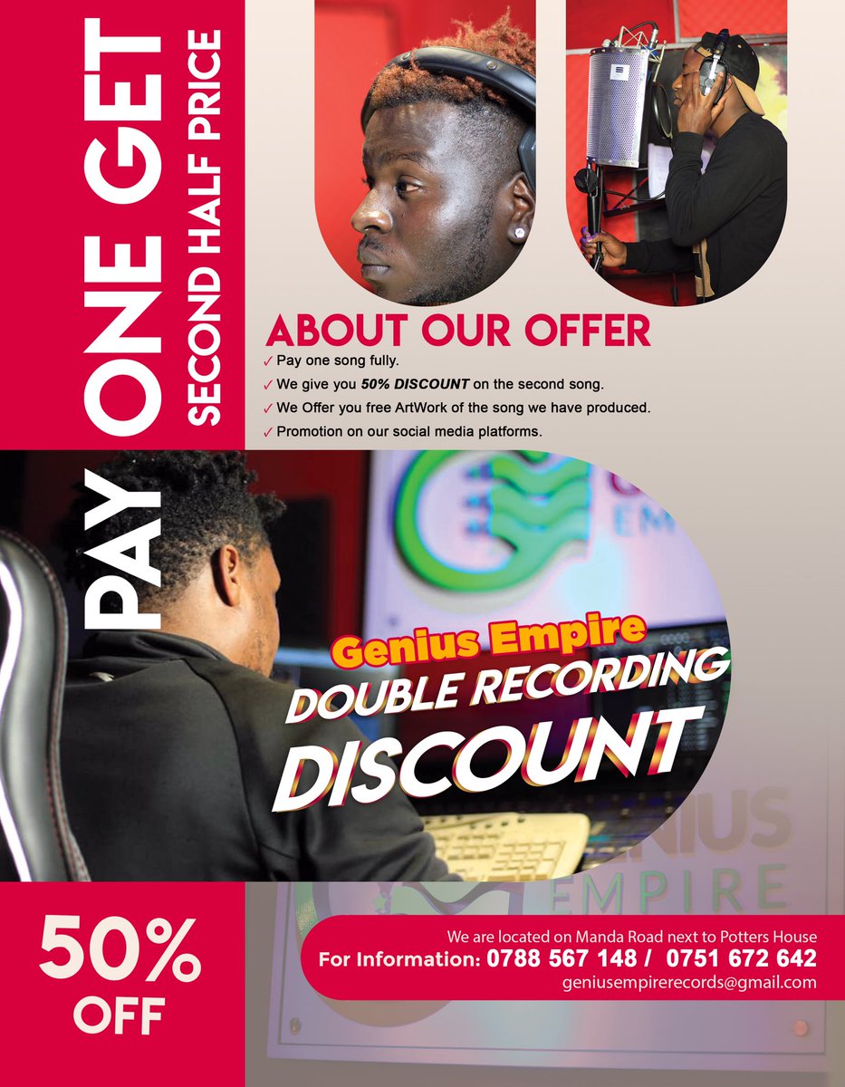 GeniusEmpireRe1's tweet photo. TGIF🤩
Our Offer just got better!
1. Pay one song fully.
2.Get 50% discount for the second song.
#DoubleRecordingDiscount https://t.co/M1ExBzq2M6