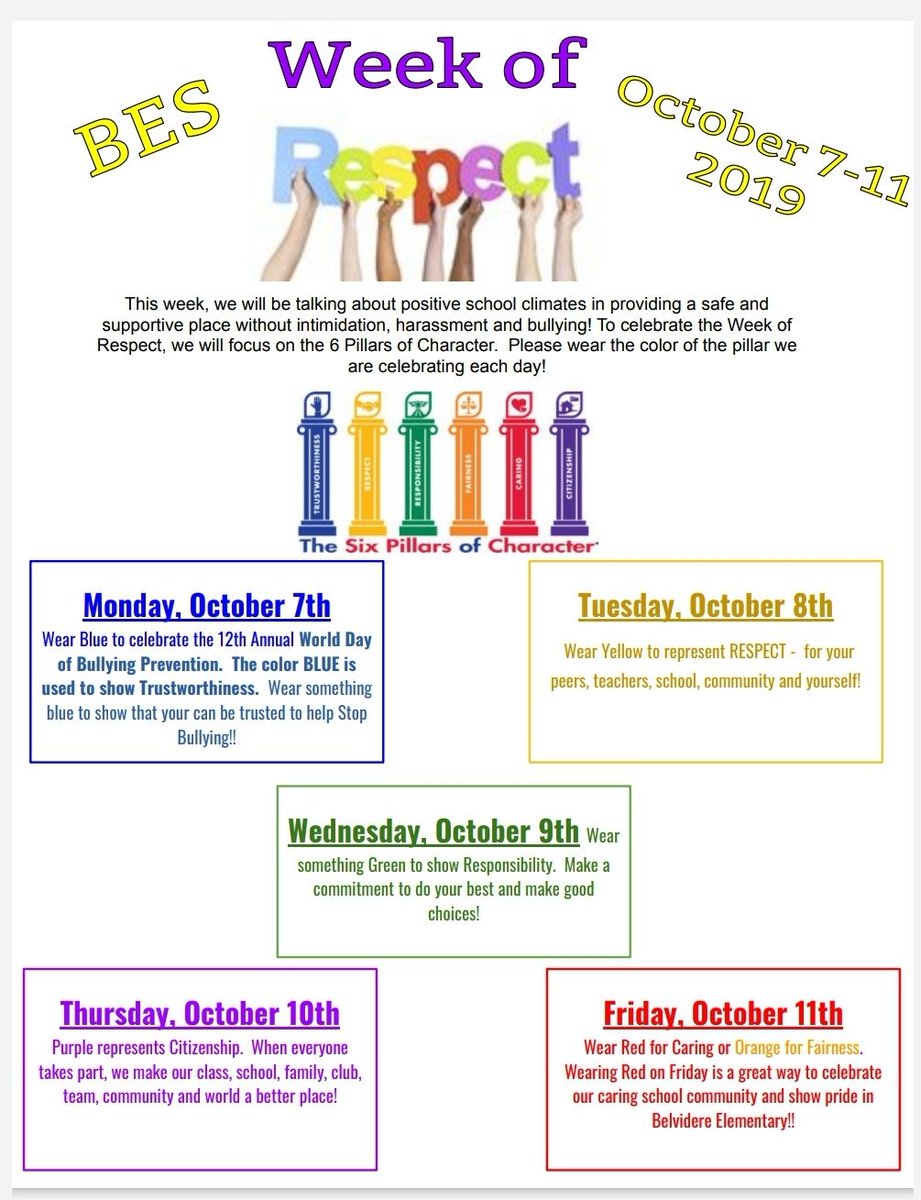 OxfordStES's tweet photo. Week of Respect is next Week!! Please Support the 6 Pillars of Character by wearing the color the pillar we are celebrating each day! https://t.co/0PxL3BlSG9