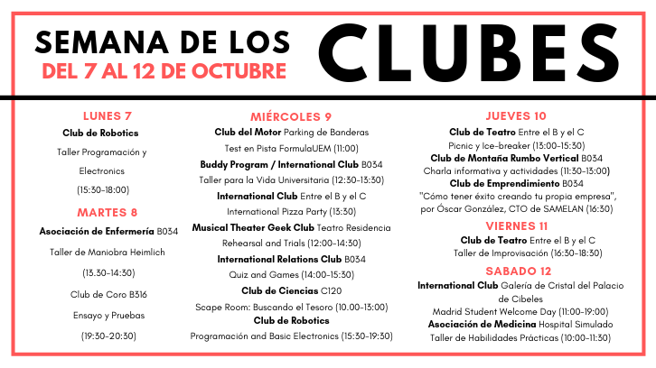 UEuropea's tweet photo. ¿Sabías que en los clubs puedes conocer a gente con las mismas aficiones que tú? Enfemería, robótica, motor, teatro, deporte... Encuentra el tuyo y aprovecha la Semana de los #ClubesUE.
Aquí podéis ver el programa 👇 https://t.co/u7uMgTgZpi