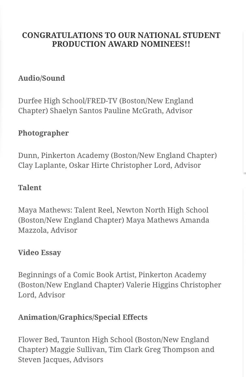 newenglandemmy's tweet photo. Congratulations to our national student production award nominees!!! 👏👏👏👏👏 #NEEmmy 
https://t.co/zPPIy5zjue https://t.co/J6EhNhl2o6