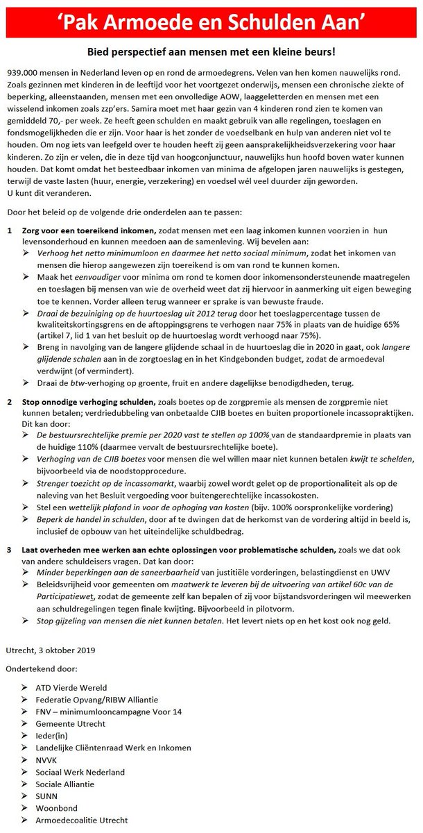 Op initiatief van de Utrechtse Armoedecoalitie is het pamflet ‘Pak Armoede en Schulden Aan’ naar de Tweede Kamer gestuurd. Twaalf organisaties die armoede bestrijden hebben zich achter deze oproep geschaard.