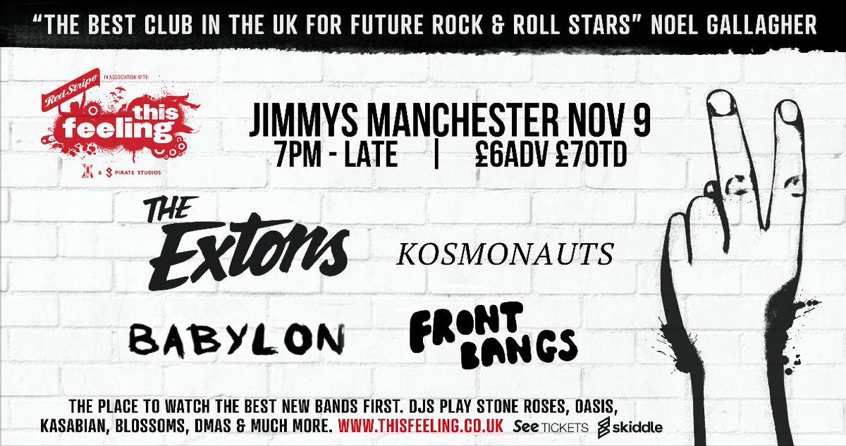 #JustAnnounced <a href="/WEAREKOSMONAUTS/">𝘒𝘖𝘚𝘔𝘖𝘕𝘈𝘜𝘛𝘚</a> <a href="/BABYLONband/">BABYLON</a> <a href="/frontbangs/">Front Bangs</a> join <a href="/Theextonsmusic/">The Extons</a> Manchester <a href="/jimmysMCR/">Jimmy's Manchester</a> Nov 9

Tix: thisfeeling.co.uk