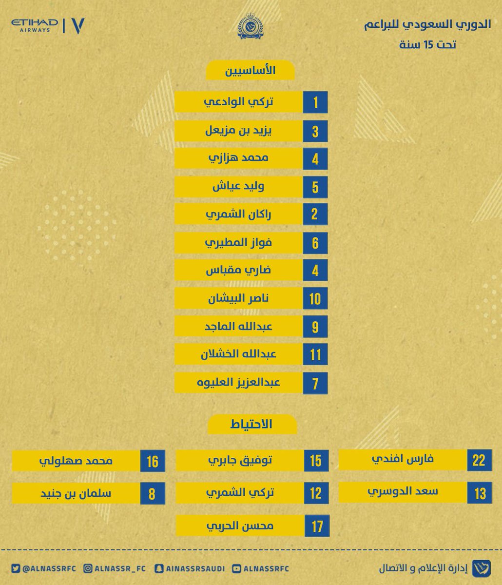 نادي النصر السعودي On Twitter تشكيلة براعم العالمي في مباراة النصر الشباب عصر اليوم الجمعة على ملعب الرمز بالتوفيق لبراعم عالمي