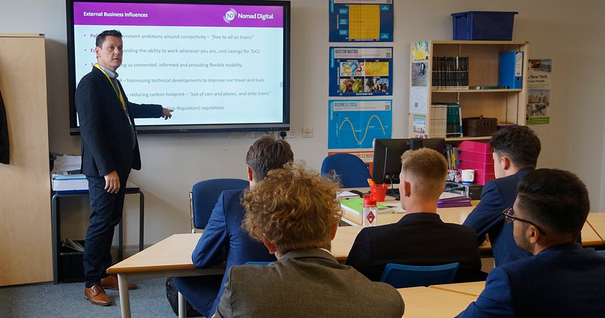 DameAllans's tweet photo. Our thanks to Reece Donovan, CEO of @NomadDigital for delivering a presentation to Year 13 #business and #economics students this week. He talked about the rapidly-changing technological environment and how external pressures shape changes in their business strategy. https://t.co/glsqAQEYkp