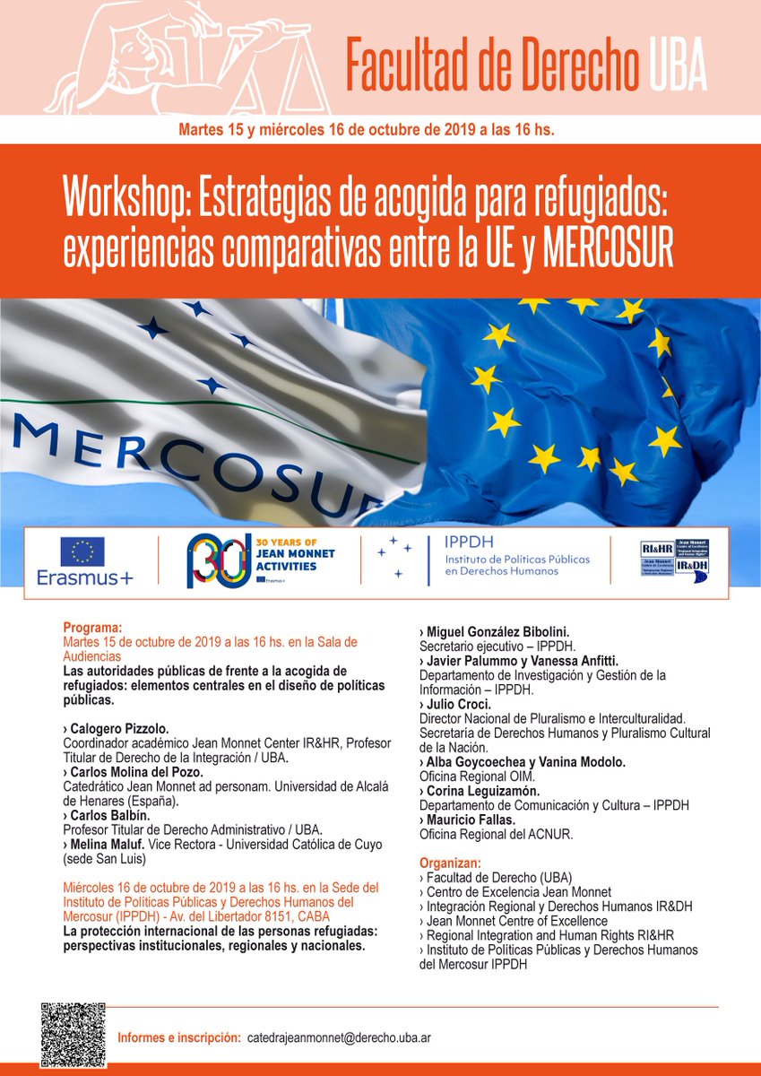 DerechoUBA's tweet photo. 15 y 16 de octubre: Workshop: Estrategias de acogida para refugiados: experiencias comparativas entre la UE y MERCOSUR. https://t.co/p8Cp44fcyb
