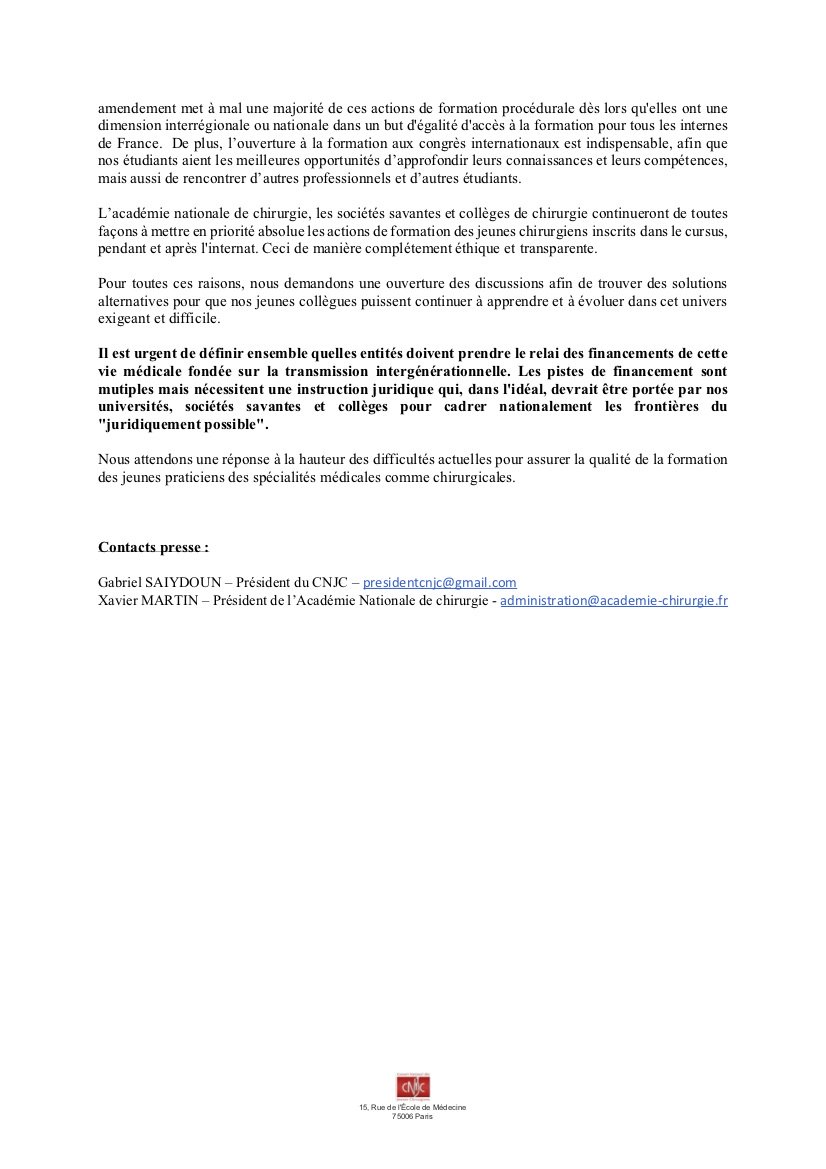 ConseilNationaldesJeunesChirurgiens (@cnjchirurgiens) on Twitter photo Communiqué de presse : industrie de santé & formation des internes en chirurgie #touchezpasàmaformation
<a href="/ChirurgieF/">Academie Chirurgie F</a> <a href="/ordre_medecins/">Ordre des Médecins</a> <a href="/agnesbuzyn/">Pr Agnès Buzyn</a> @MinSoliSante <a href="/AN_AfSoc/">Commission des affaires sociales</a> <a href="/sup_recherche/">Ministère Enseignement supérieur et Recherche</a>
@WhatsUpDoc_mag <a href="/LeFigaro_Sante/">Le Figaro Santé</a> <a href="/leQdM/">Le Quotidien du Médecin</a> <a href="/HOSPIMEDIA/">Hospimedia</a> <a href="/Hospitalia_Mag/">Hospitalia</a> <a href="/le_Parisien/">Le Parisien</a> Communiqué de presse : industrie de santé & formation des internes en chirurgie #touchezpasàmaformation
<a href="/ChirurgieF/">Academie Chirurgie F</a> <a href="/ordre_medecins/">Ordre des Médecins</a> <a href="/agnesbuzyn/">Pr Agnès Buzyn</a> @MinSoliSante <a href="/AN_AfSoc/">Commission des affaires sociales</a> <a href="/sup_recherche/">Ministère Enseignement supérieur et Recherche</a>
@WhatsUpDoc_mag <a href="/LeFigaro_Sante/">Le Figaro Santé</a> <a href="/leQdM/">Le Quotidien du Médecin</a> <a href="/HOSPIMEDIA/">Hospimedia</a> <a href="/Hospitalia_Mag/">Hospitalia</a> <a href="/le_Parisien/">Le Parisien</a>