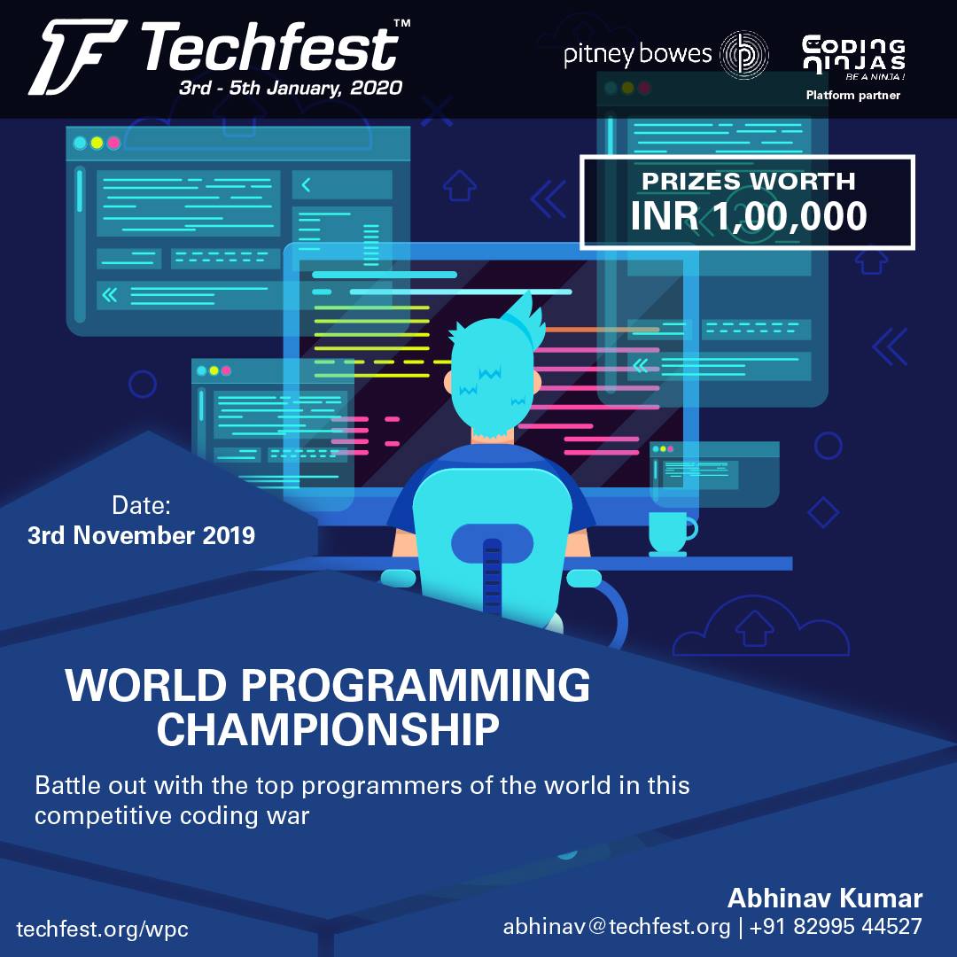 Techfest_IITB's tweet photo. Techfest presents the World Programming Championship!
Battle it out on the 3rd of November for prizes worth INR 1 Lakh and the title of World Programming Champion!
Register NOW at https://t.co/pI06Szj7Ka!

#WPC #Coding #championship #Competitions #Techfest2020 #Techfest https://t.co/6vjEaa73gy