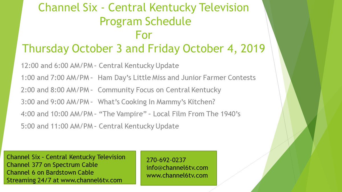 ky_standard's tweet image. #6tv Today on Channel Six - Central Kentucky Television. Channel 377 on Spectrum Cable in Marion, Washington and Nelson Counties and Channel 6 on Bardstown Cable and over the air. Also streaming 24/7 at channel6tv.com on your cell phone, comput…