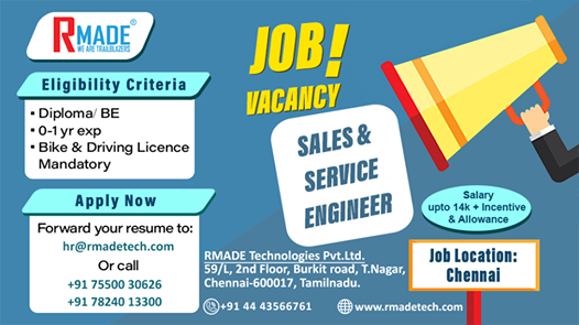 Rmade_user's tweet photo. Sales &amp; Service Engineer
#sales #chennai #salesengineer #serviceenginer #technicalsales #engineer #technology #gps #salesforce #mechanical #eee #ece
Map the needs of the customer with our products.
Demonstrating and installing products.
Salary : 10K - 14k + Incentives + Allowance https://t.co/YnCp1gwWMX
