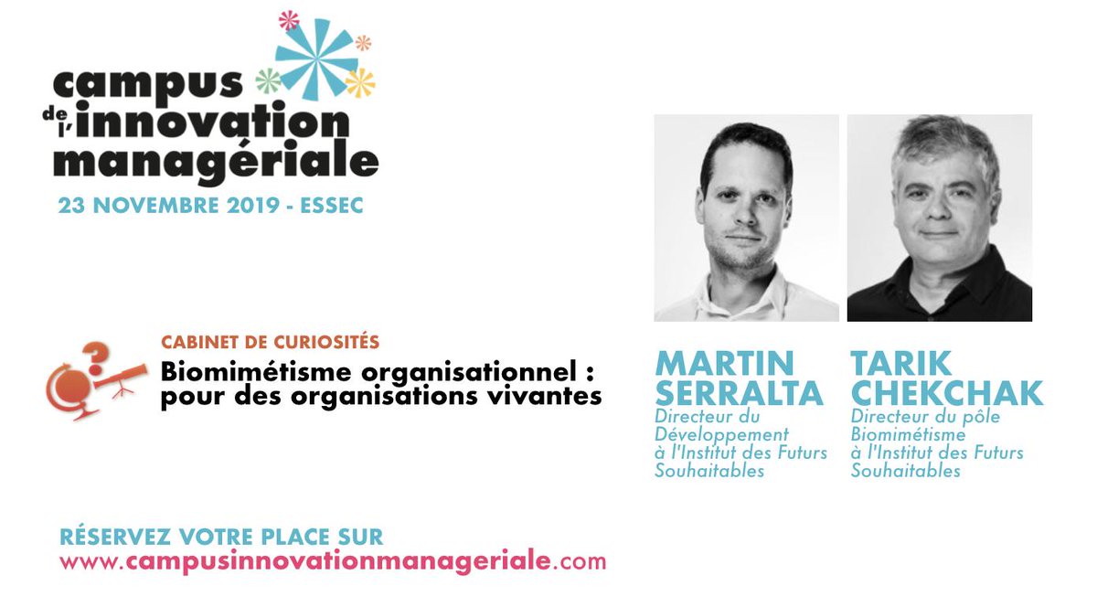 Utiliser les clefs du #biomimétisme pour changer de regard sur les organisations des entreprises et de mieux en comprendre les systèmes complexes ? 

Ce sera le thème de la conférence animée par <a href="/Martinnos/">SERRALTA Martin</a> et <a href="/chekchakTarik/">Chekchak Tarik</a> de @Souhaitables

Billetterie : yurplan.com/event/Campus-d…