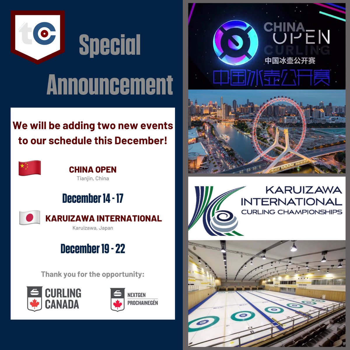 🚨UPDATE🚨

We are thrilled to announce the addition of two International events to our schedule.
🌎✈️🇨🇳🇯🇵

Thanks @curlingcanada for the opportunity! #ChinaOpen #karuizawainternational