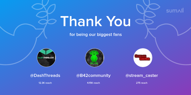TeamX_HQ's tweet photo. Our biggest fans this week: DashThreads, B42community, stream_caster. Thank you! via https://t.co/QCAyJPsNYS https://t.co/kpL4RZh2a5