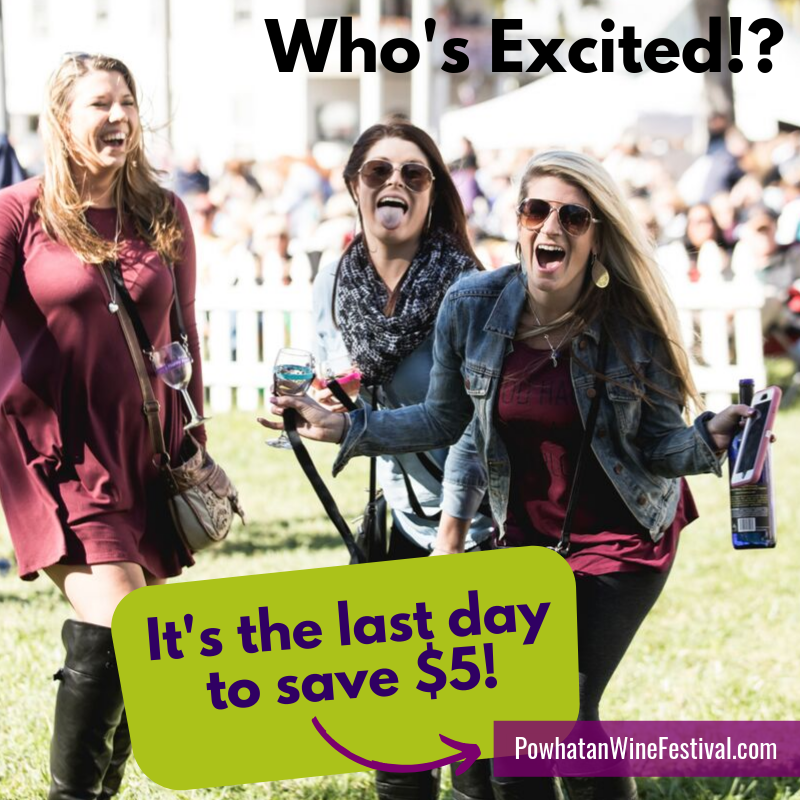 The 17th Annual Festival of the Grape is TOMORROW - which means today is the last day to get your tickets online for $25! Tickets will be available all day tomorrow online and at the gate for $30. Get your ticket by 11:59pm to save $5 at powhatanwinefestival.com. #PowGrape #VAwine