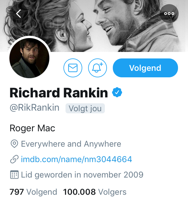 outlanderfan_nl's tweet photo. @RRankinFans @RichardRankinbe @RRankins_Brows @rankinblueyes @bluekako @RRankinBrain @LaughOutLander @april_astrid For the record & to measure the replying-to-certain-people-effect, the busy-with-filming-effect ๐ฌ or plain #RankinEffectโฃ๏ธ
Amount of Followers Friday 4 October 2019
100,008 โผ๏ธ๐๐ Congrats @RikRankin ๐ https://t.co/6dRh2Up0RW