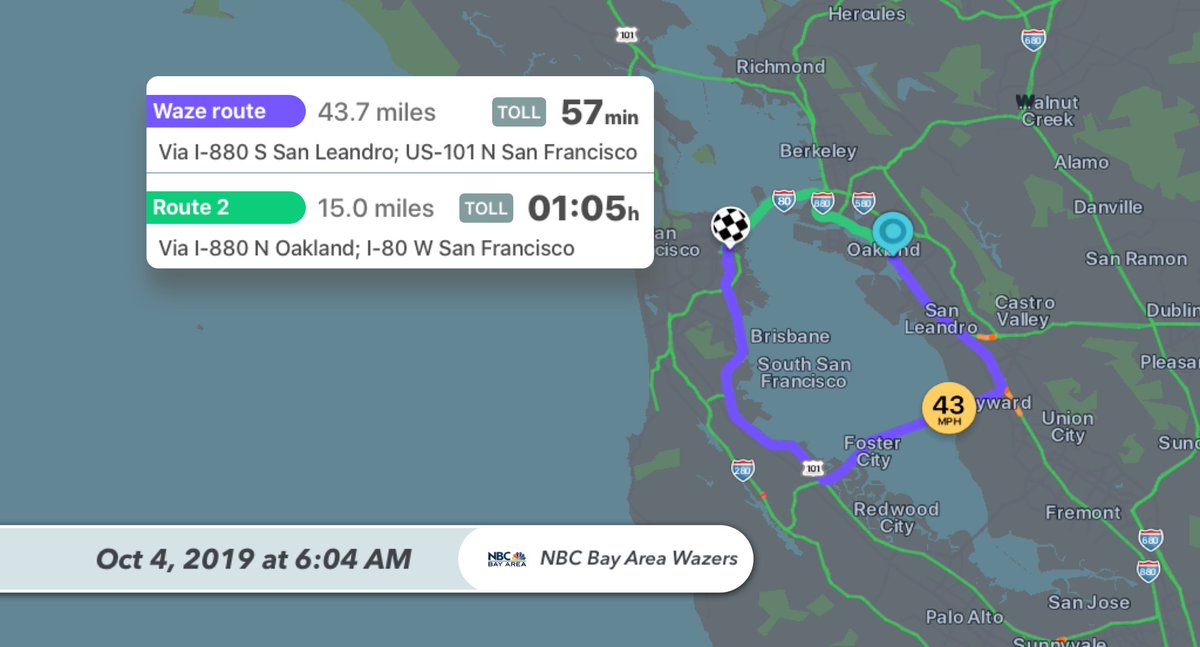 MikeyNoWay's tweet photo. The crash in SF, just past the Fremont St exit off the WB Bay Bridge, blocks your right lane and jams the commute from Oakland. Check out the route across the San Mateo Bridge to the south, or ⁦@SFBART⁩
 
Powered by Waze. Download Waze https://t.co/P8iZMJeBpP https://t.co/5CJWqFzLTG