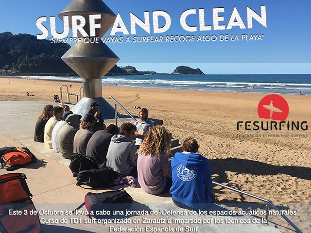 Empiezan las jornadas de "Defensa de los espacios acuaticos naturales" de este otoño. Foto de la primera ayer en Zarautz junto a los Td1 monitores de surf formados por la <a href="/FESurfing_/">Federación ESP Surfing®</a>