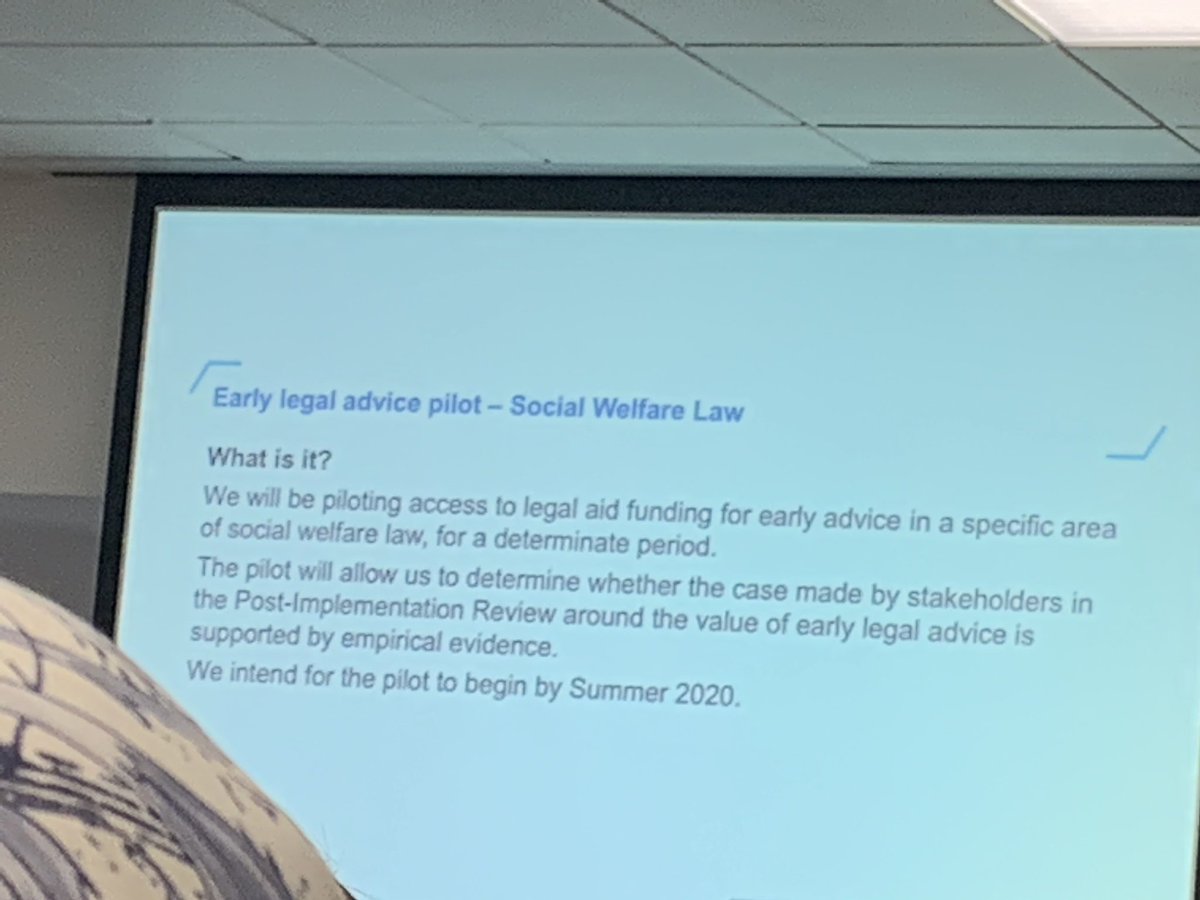 Great news - MoJ announce that Govt. shall pilot access to legal aid funding for a type of social welfare law. #lapgconf19