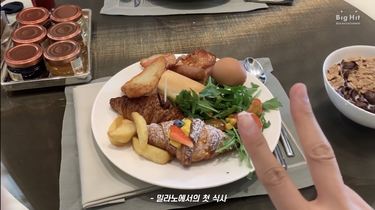 At breakfast, Joon makes sure to get ALL THE FOOD GROUPS in.