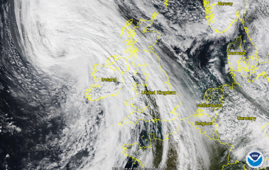 NOAASatellitePA's tweet photo. Former #HurricaneLorenzo blasted through #Ireland and #Britain as a #PostTropicalCyclone yesterday, as seen here from the #NOAA20 #satellite. Wind gusts of more than 60 mph and coastal flooding were reported, along with travel delays and cancellations. https://t.co/0uX9uSMMVN