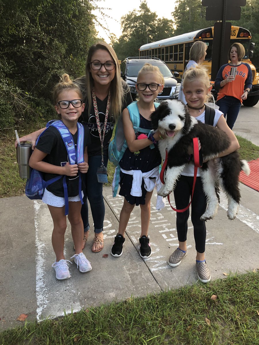 These 3 sweet girls, the cutest pup, and walk to school day makes for a PERFECT Friday!! 🥰💕 <a href="/PowellCISD/">Powell Elementary, Conroe ISD</a>