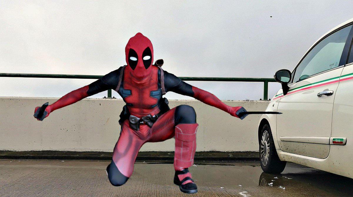 GeekPlanetSite's tweet photo. Deadpool almost hit the car it seems! 🚗 #deadpool #marvel https://t.co/x19yCyvIQX