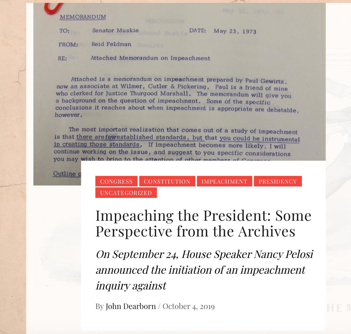 In a new post on <a href="/AHouseDivided2/">A House Divided</a>, I discuss impeachment, going through some archival documents on impeachment from 1973-74 in the papers of Senators Edmund Muskie and Bob Dole. They connect to key points by <a href="/kewhittington/">Keith E. Whittington</a> &amp; <a href="/MattGlassman312/">Matt Glassman</a>.

#APDTwitter

ahousedividedapd.com/2019/10/04/imp…