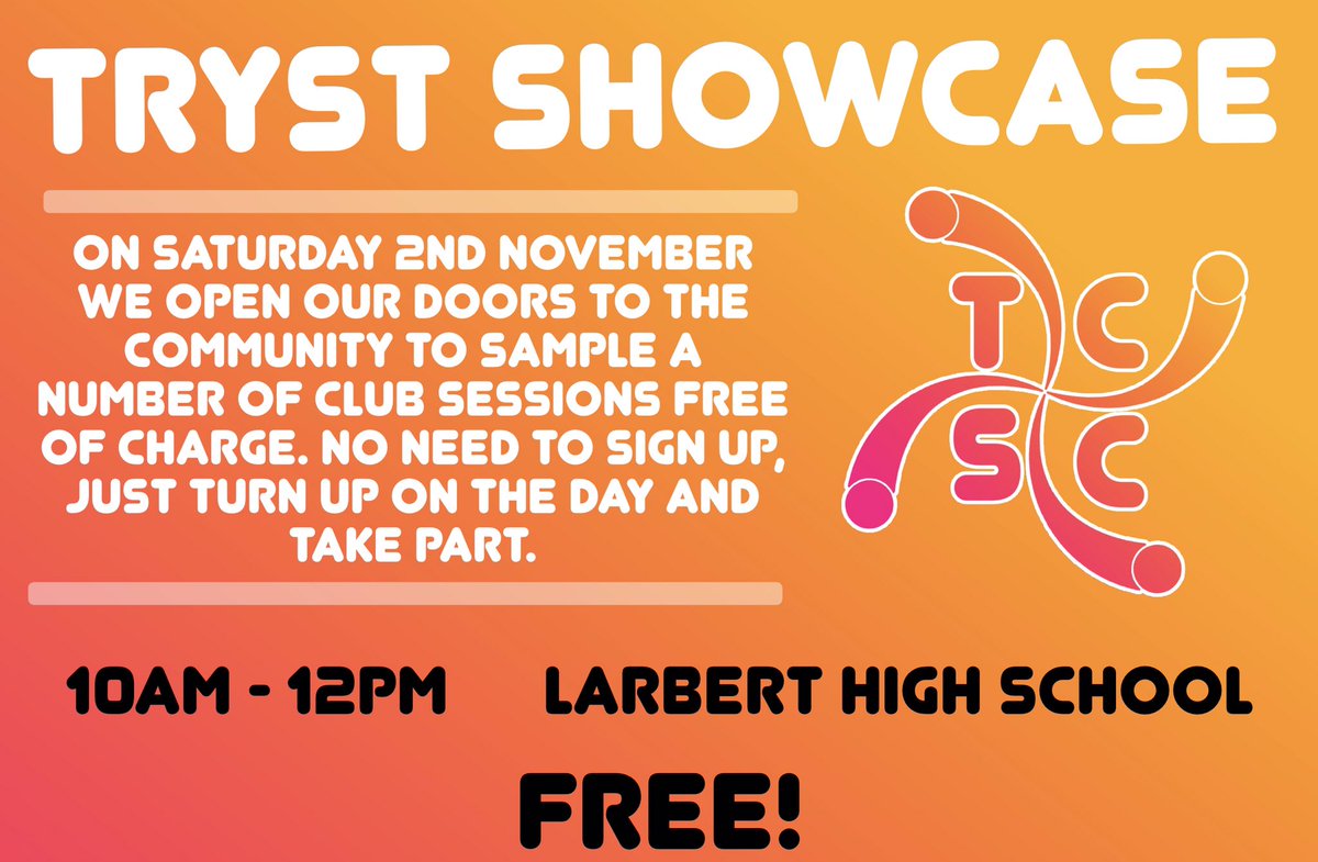 TrystSports's tweet photo. 🌟 Tryst Showcase 🌟

📅 Save the Date ✅

Join us for a morning of sporting fun at @LarbertHigh !!!

1️⃣ FREE Club Taster Sessions 👏

2️⃣ Fun For All The Family 👍

3️⃣ Lots of Fun 😁 https://t.co/828KSbzzKC