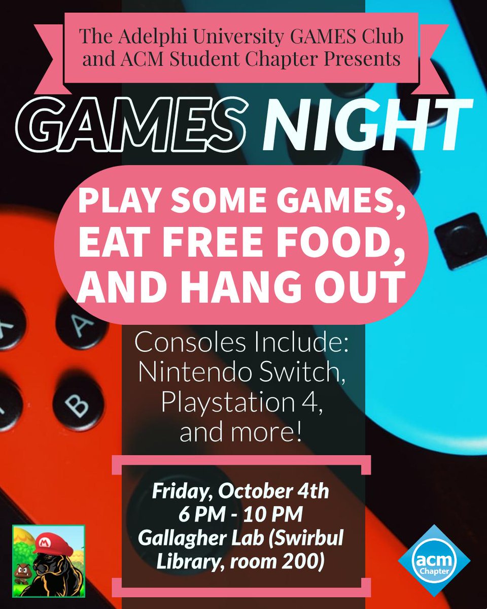 AUGAMESClub's tweet image. We&apos;re collaborating with @AdelphiACM to host Games Night TONIGHT! Join us in the Gallagher Lab from 6-10 PM to hang out, play games, and eat free food!
#augamesclub