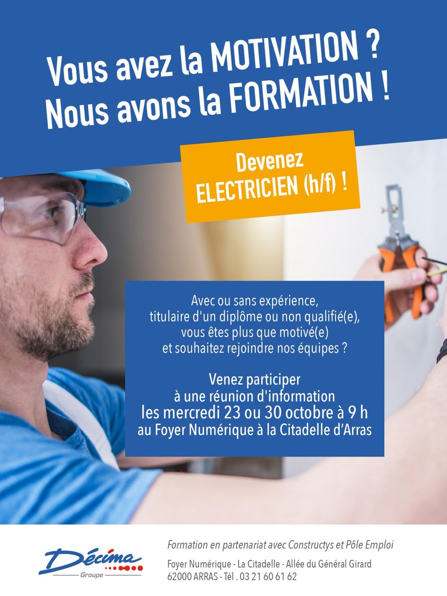 Avec <a href="/Constructys_/">Constructys</a> et @poleemploi_HDF nous mettons en place un #POEC (Préparation Opérationnelle à l'Emploi Collective) permettant de former des Monteur(euse) - Electricien(ne) pour consolider les équipes du Groupe Décima.

#electricien #formation #Motivation