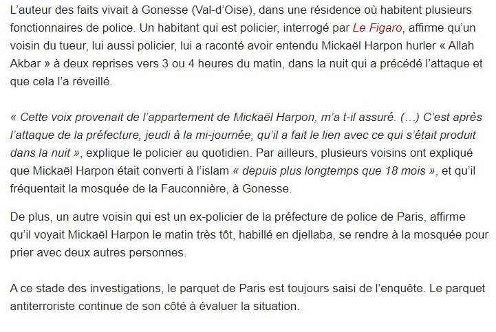 SJallamion's tweet image. Si une simple enquête de voisinage permet d'établir que le tueur de la préfecture de Police allait se faire laver le cerveau tous les matins à la mosquée salafiste de Gonesse, quel genre d'enquête permet de renouveler l’habilitation secret défense des personnels de la DRPP ? 🤔