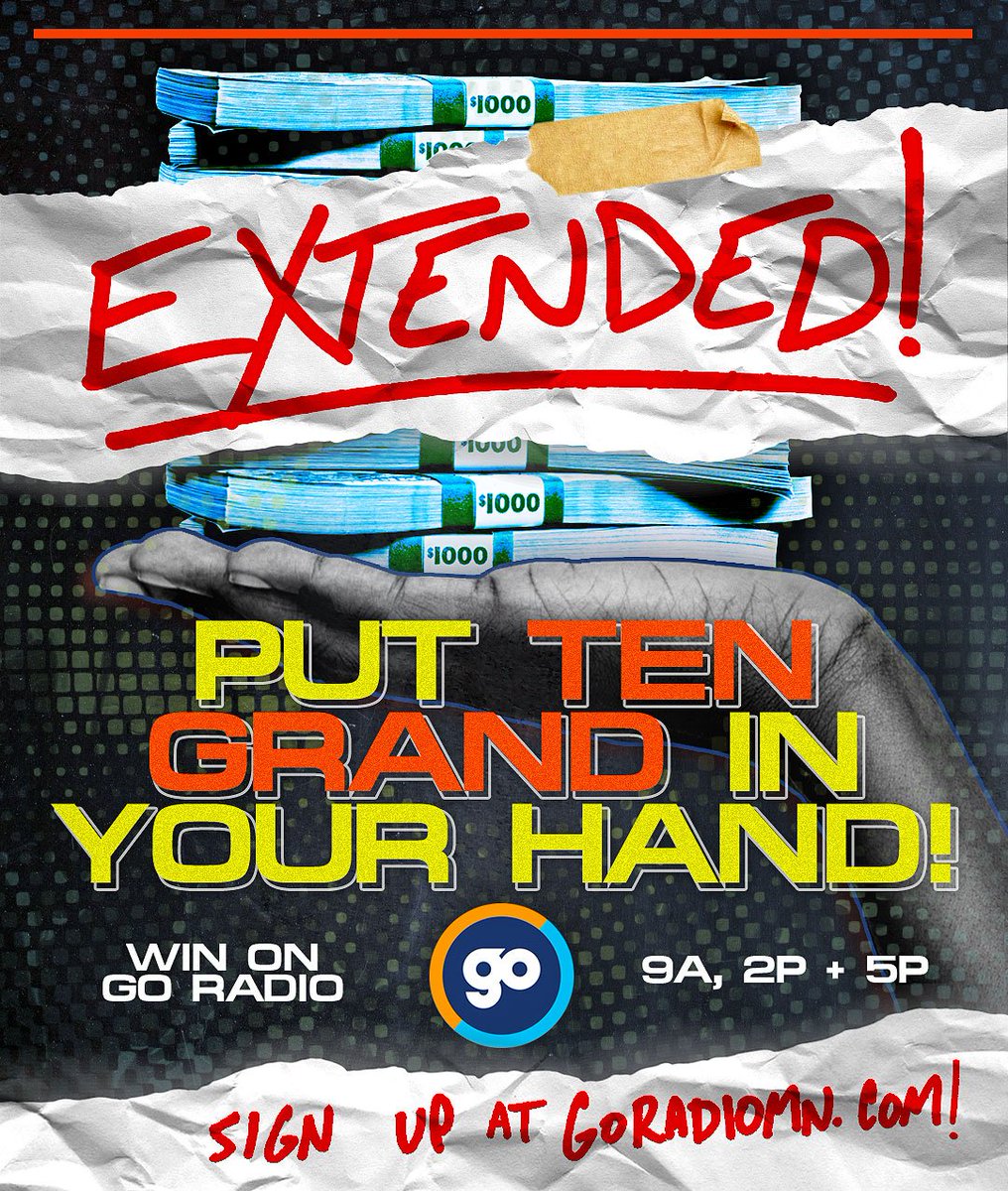 Go953mn's tweet photo. Less than a week left for you to grab $95 just for listening to #Go953MN & get qualified for #TenGrandInYourHand!
It's happening at 2pm with @DJBonics https://t.co/Jdj4Pyz6Cz https://t.co/X8SELDAYKz