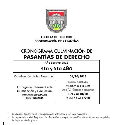 pasantiafcjpuc's tweet photo. Retweet masivo... Cronograma de Culminación de Pasantias de Derecho 2019 @FCJPDerechoUC @davidrutman @dominflorlawyer @TiempoUC https://t.co/KRK9L1jnca