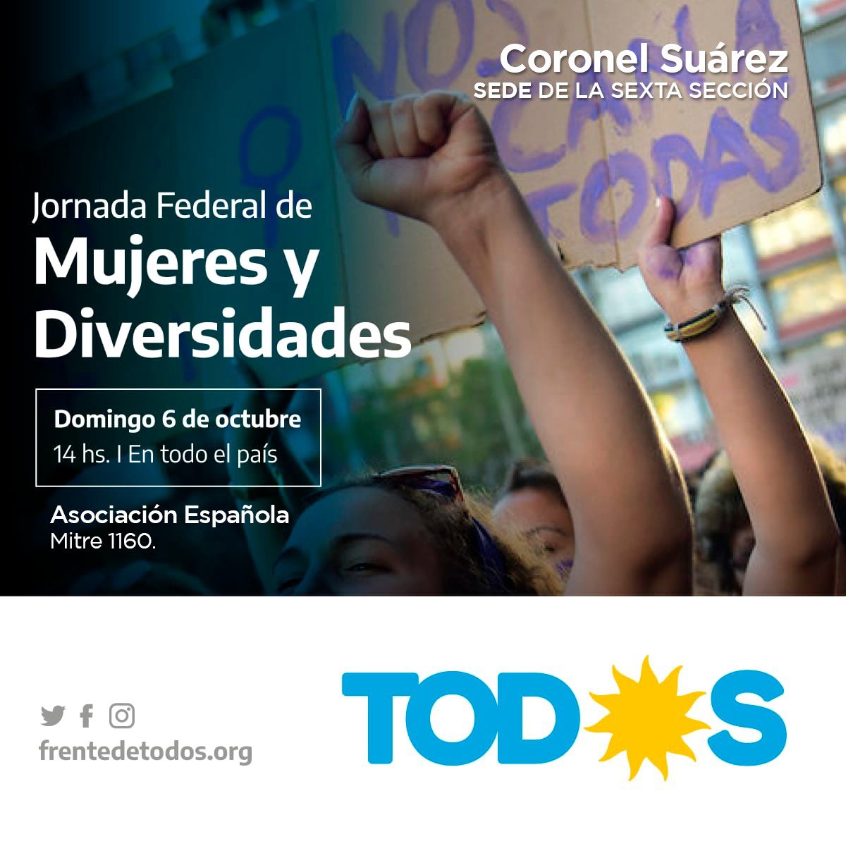 MarisolMerquel's tweet photo. Este domingo, las mujeres de la #SextaSección nos encontramos en #CoronelSuárez para participar de la Jornada Federal de Mujeres y Diversidades del @FrenteDeTodos. 

Si querés participar, podés anotarte en el link 👉 https://t.co/VBnBkEnsPX 

¡NOS VEMOS EL DOMINGO! 🇦🇷 https://t.co/4l1ZlBRMZs