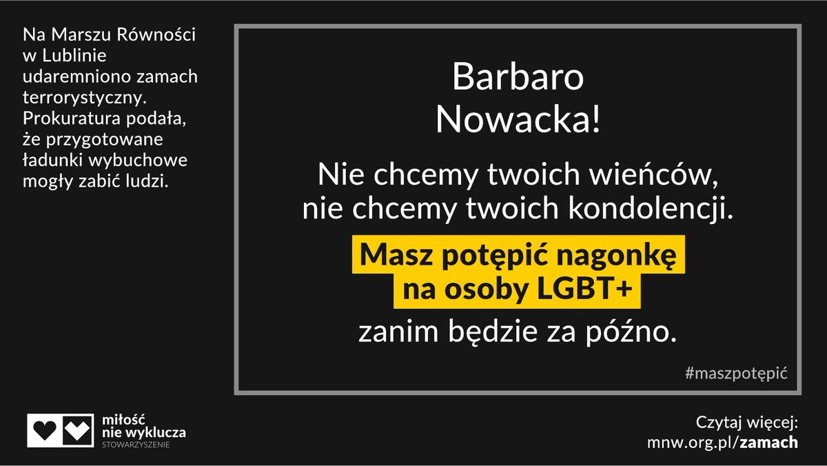 HubertSobecki's tweet photo. @barbaraanowacka @SchetynadlaPO @KObywatelska W Lublinie "chłopak, dziewczyna - normalna rodzina" zaplanowała zamach terrorystyczny. Zachęcili ich Kaczyński, Jędraszewski, Holecka i wielu innych. Czy jednoznaczne potępienie przemocy inspirowanej przez władze, media i hierarchów przerasta nawet @Barbaranowacka? #maszpotępić https://t.co/5JwWzOMh9L