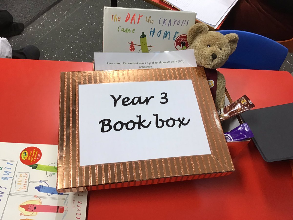 JoDPickering's tweet photo. Year 3 book box to be taken home by a different child each Friday. This includes a book of a child’s choice, a BCA teddy and hot chocolate! I can’t wait to hear all about it. @BirCopAcad @BevSpragg #fides https://t.co/bjctd3McaR