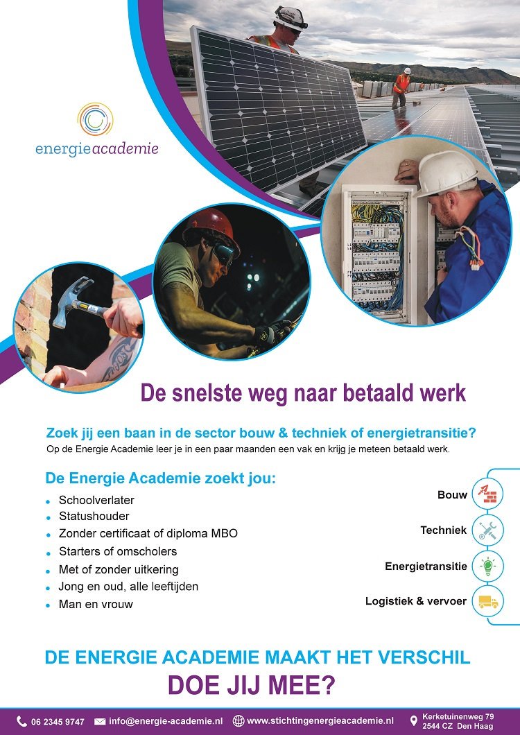 Tot en met december intro middagen op de Energieacademie.
Wil jij weten wat de Energie Academie te bieden heeft voor jou? Kom naar onze intro middagen elke donderdagmiddag van 13.00 t/m 15.00.
Aanmelden verplicht!
Via mail : balah@energie-academie.nl
