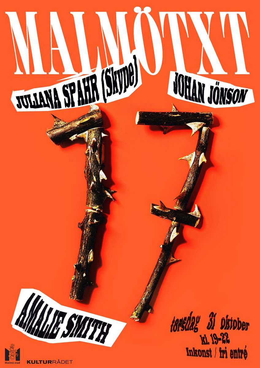 MALMÖTXT 17

Juliana Spahr (via Skype)
Johan Jönson
Amalie Smith

Öppen scen

Torsdag 31 oktober, kl. 19–22

Retweet = ❤️