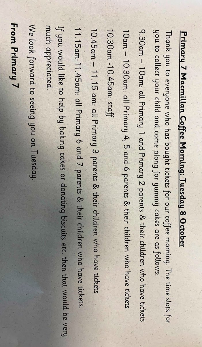If you have purchased tickets for the MacMillan Coffee morning on Tuesday please see time attached for primary 1  <a href="/Westquarter21H/">Westquarter Primary 2/1H</a> <a href="/MissBinnieP1B/">Miss Binnie P7W</a> <a href="/MissRichardsWPS/">P3W and Miss Richards</a>